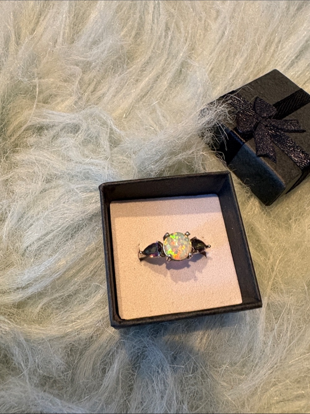 Vintage Opal Accent Sterling-Color Ring - Iridescent White